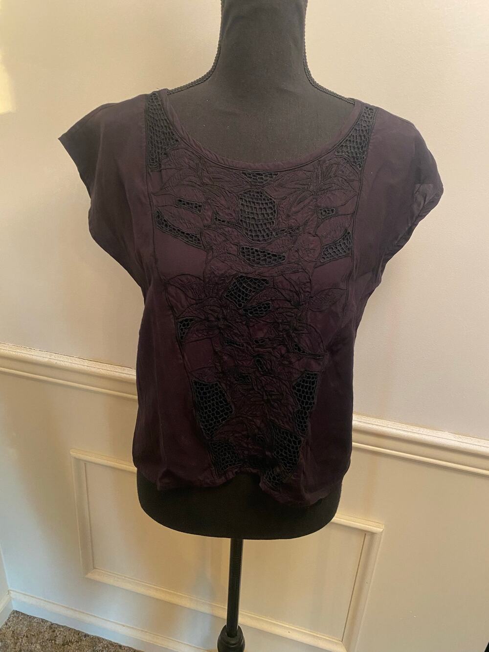 Vintage Satyuga Honolulu Hawaii Crochet Lace Yoke Top Black Boho Resort Wear